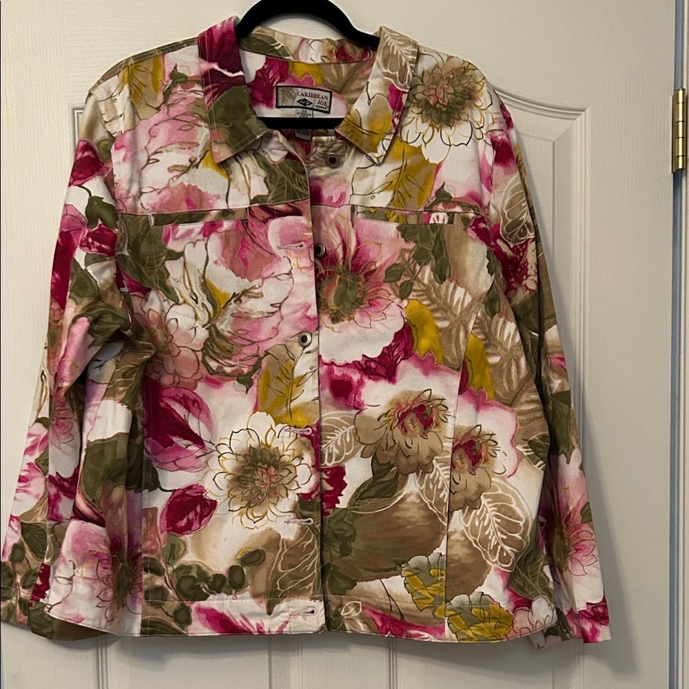 Coldwater Creek Pink and Green Floral Plus Lightweight Jean Jacket size 2X